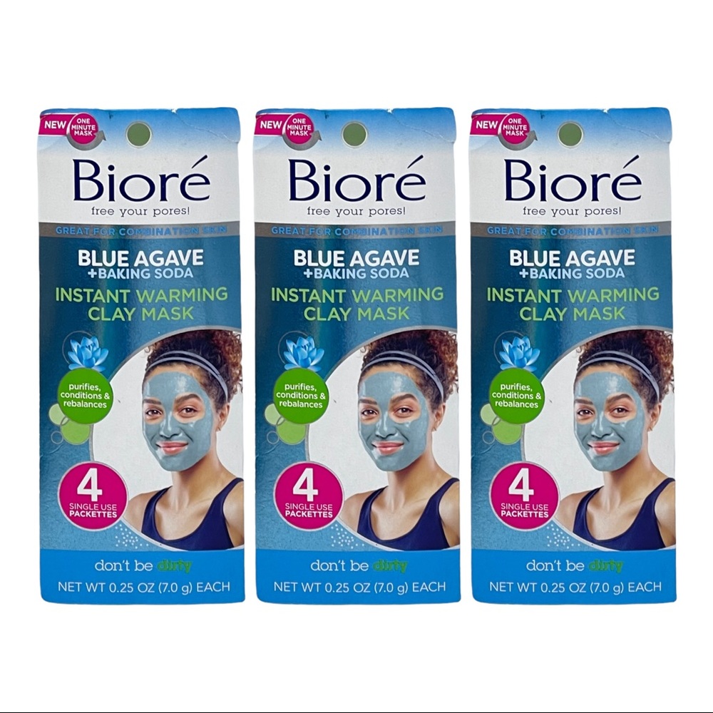 3 Pack Bioré Blue Agave + Baking Soda Instant Warming Clay Mask (4) Single Use